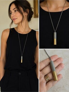 Handcrafted Concrete Pendant Necklace 30” Sterling Chain| Modern Minimalist